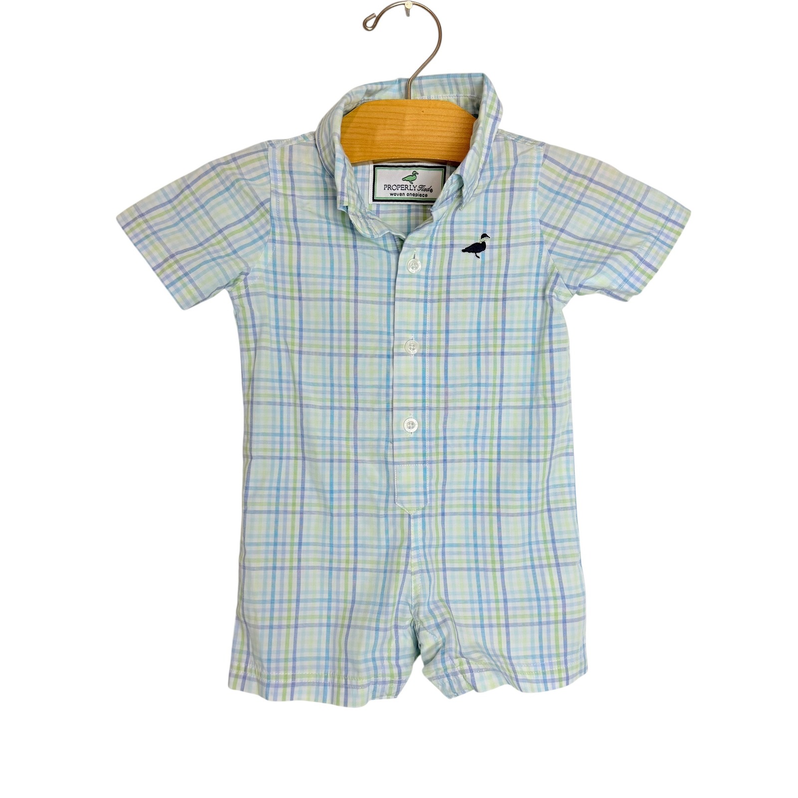 Properly Tied Blue Green Plaid Woven Romper Onepiece 0-3m
